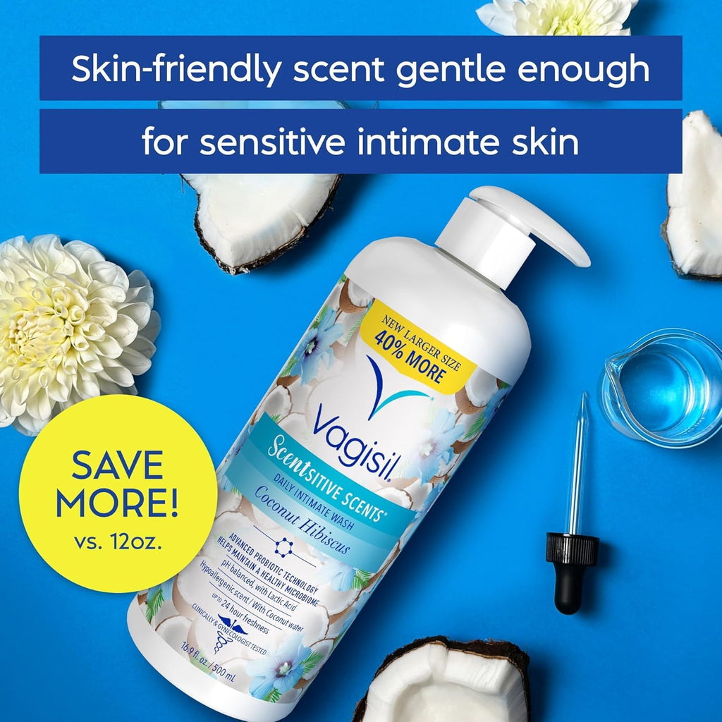 Vagisil Feminine Wash for Intimate Area Hygiene, Scentsitive Scents, pH Balanced and Gynecologist Tested, Coconut Hibiscus, 16.9 oz with Pump