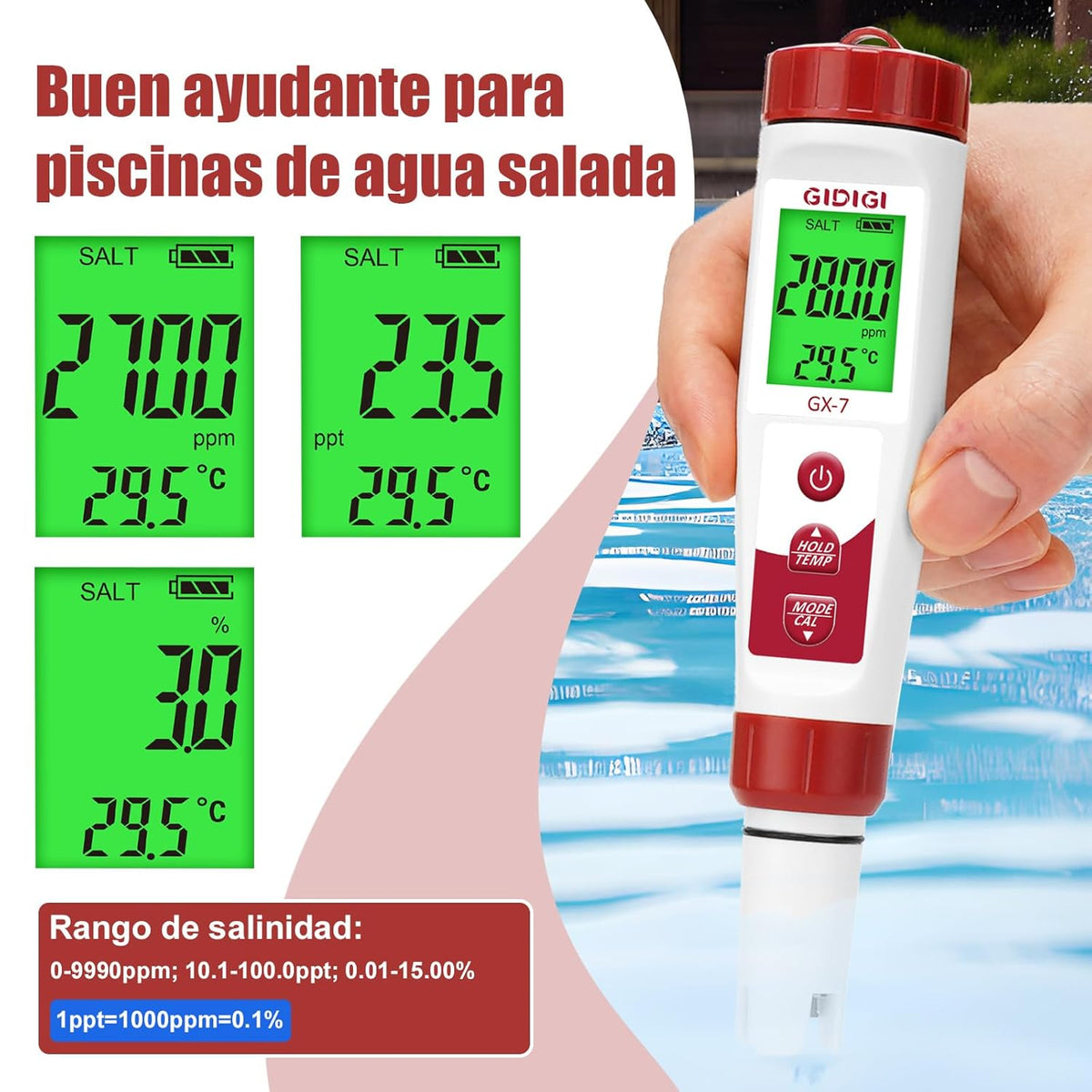Digital Chlorine and pH Meter, 7 in 1 Pool pH and Chlorine Tester, ORP Meter Chlorine Salt EC PPM, Test Salt and FAC of Pools, Hydroponics and Salt Water Fish Tank TDS Meter Drinking Water