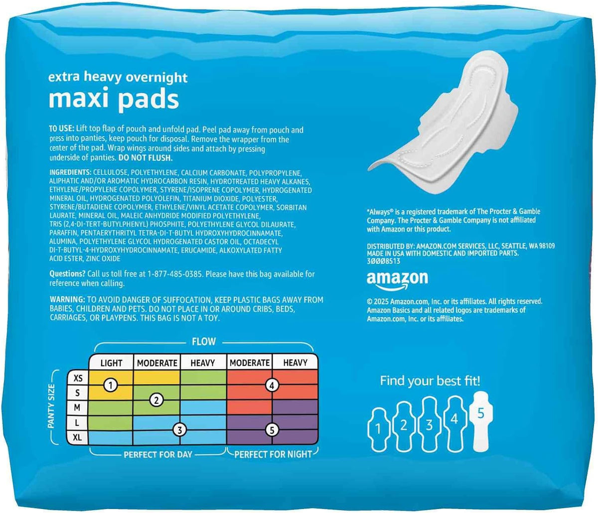 Amazon Basics Thick Maxi Pads with Wings for Periods, Extra Heavy Overnight Absorbency, Absorbent Core, Stay in Place Protection, Unscented, Size 5, 20 Count (Previously Solimo)