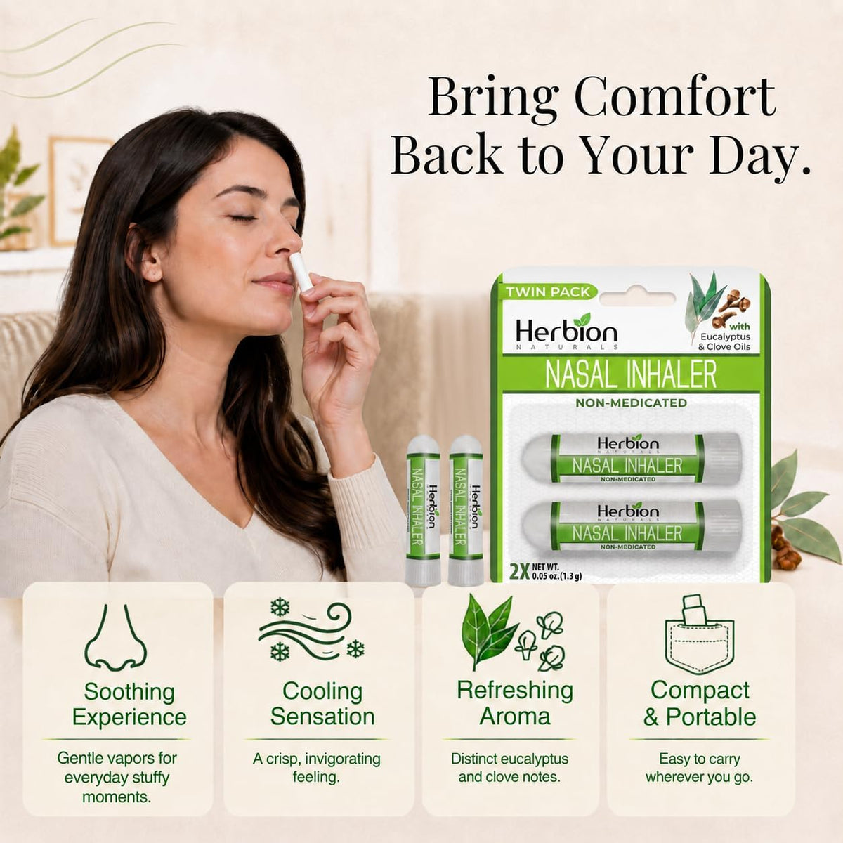 HERBION Naturals Nasal Inhaler, Natural Relief for Nasal Congestion & Sinus Pressure, Non-Medicated Sticks with Essential Oils, Menthol, Eucalyptus, Clove, Soothing Vapor, Easy Breathing, Pack of 2