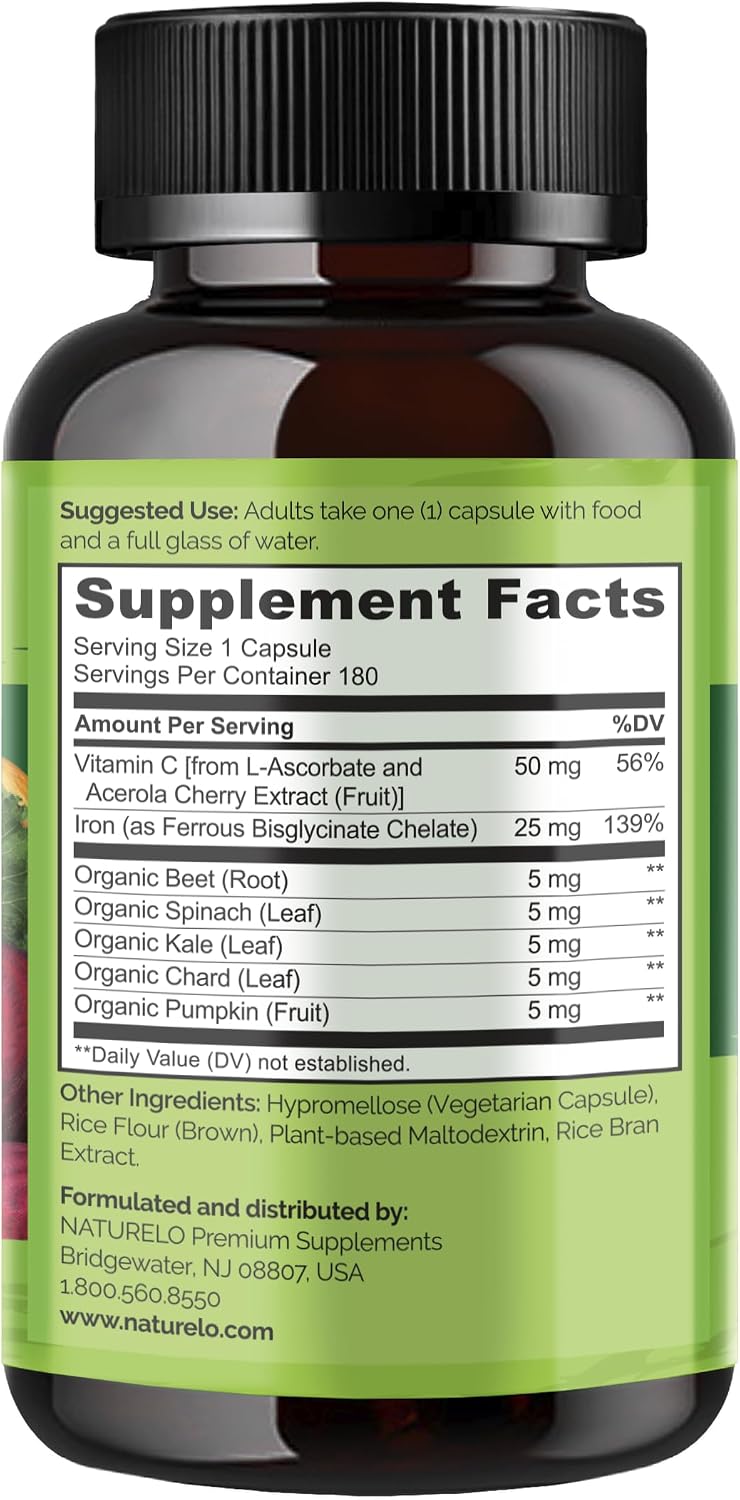 NATURELO Vegan Iron Supplement with Vitamin C and Organic Whole Foods - Gentle Iron Pills for Women & Men with Iron Deficiency Including Pregnancy, Anemia and Vegan Diets - 180 Mini Capsules