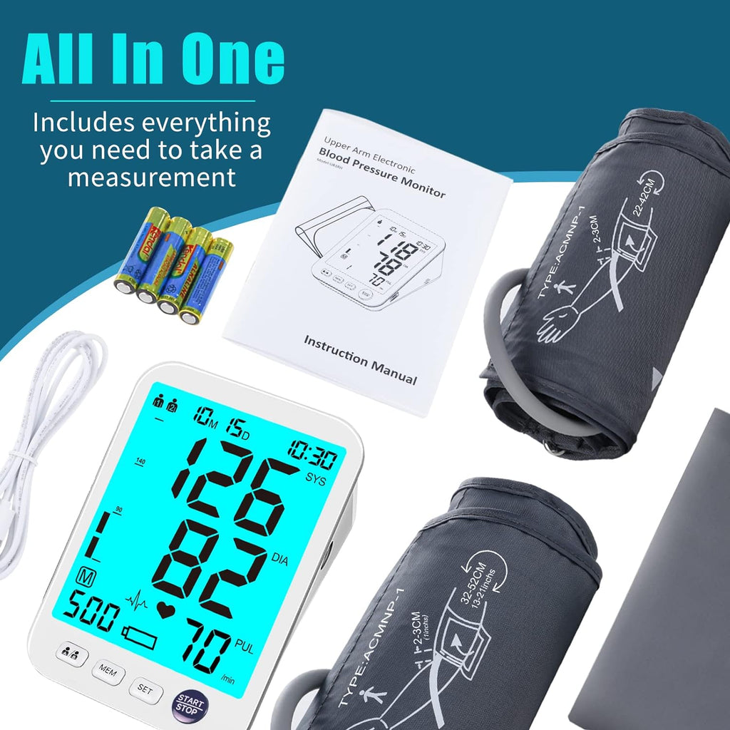 Blood Pressure Monitor 2 Cuff Sizes, Large Blood Pressure Cuff | M/L Cuff 9-17"& XL Cuff 13-21", Extra Large Backlit Display, Two User Mode, 1000 Mem, 4xAAA Batteries, Upper Arm, Home Use