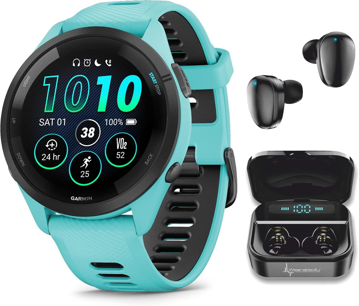 Garmin Forerunner 265 Music GPS Running 46 mm Smartwatch, Aqua with AMOLED 1.3 in Touchscreen Display Black Earbuds Bundle, Aqua +Blk EarBuds