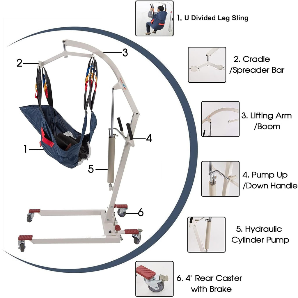 Patient Lift Hydraulic Body Hoyer Lift with Medium Sling for Home Use 400lbs Weight Capacity (Unfoldable Manual)