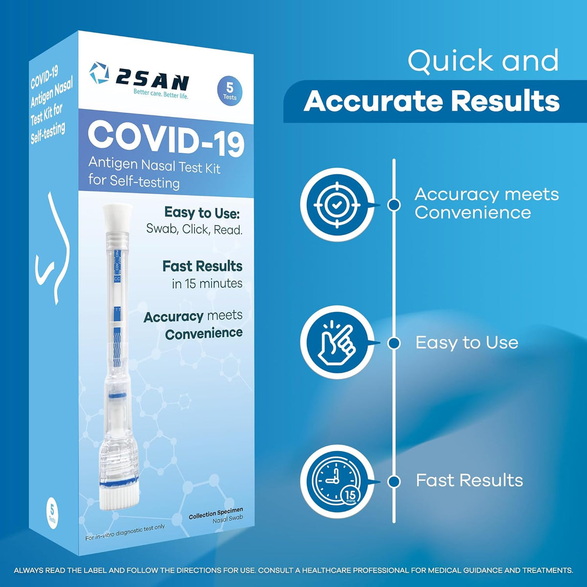 2San COVID-19 Pen Test, Results in 15 Mins, Rapid & Reliable Nasal Swab, Easy At-Home Testing, Clinically Accurate, Gentle, Stress-Free Use, 5-Pack (5 Tests Total)