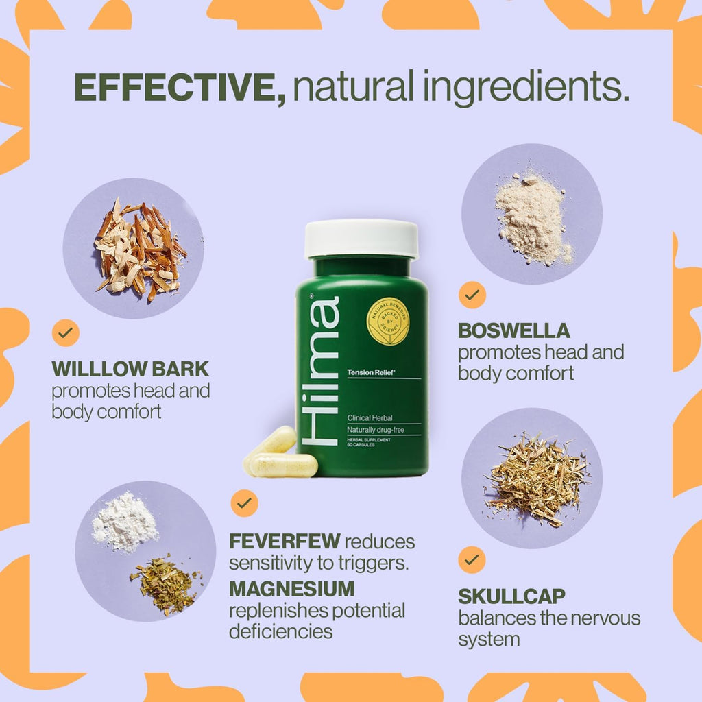 Hilma Natural Tension Relief, 50 Vegan Capsules | Occasional Head Discomfort and Stress Relief Supplement with Magnesium Glycinate, Willow Bark, Boswellia, and Feverfew