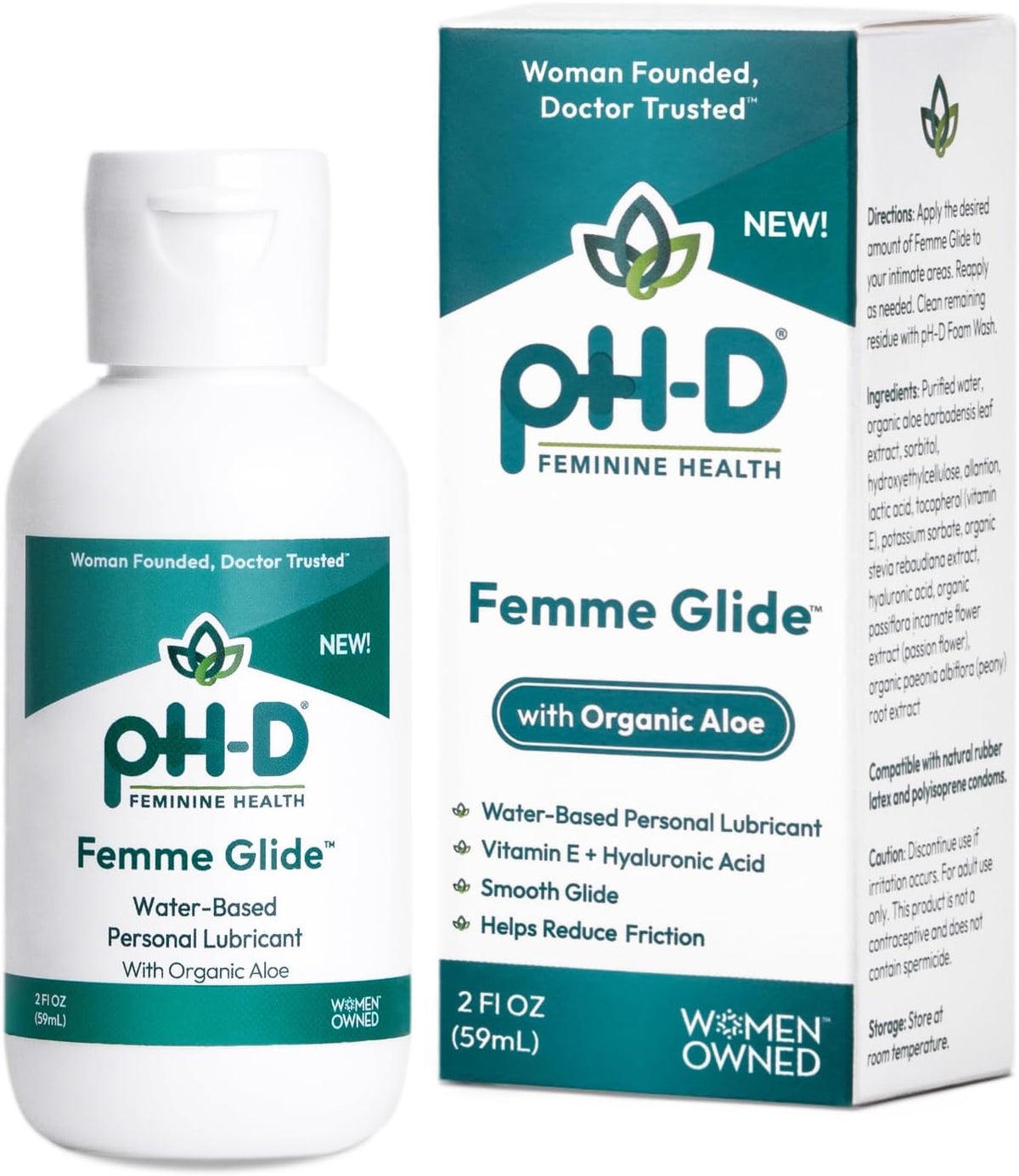 pH-D Feminine Health Femme Glide Personal Lubricant | Water-Based Hydrating Formula Including Organic Aloe Vera, Vitamin E & Hyaluronic Acid, 2oz