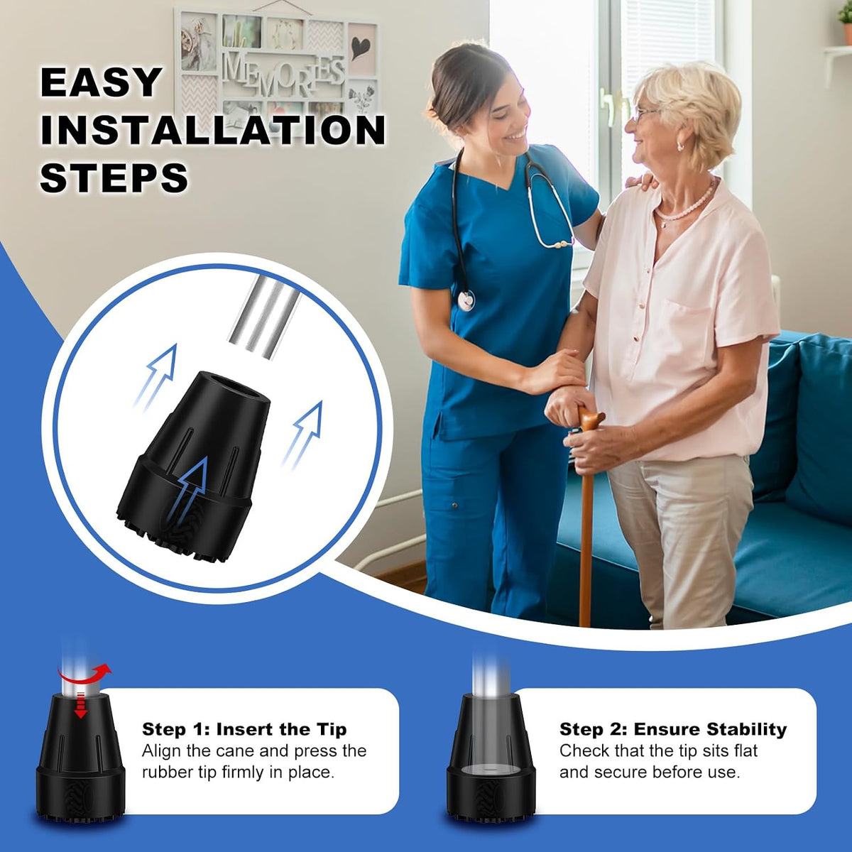 MFE Cane Tips 7/8 Inch, 2 Pack Non-Slip Rubber Tips for Canes, Crutches, and Walking Sticks, Heavy Duty Traction Base with Metal Insert for Superior Grip and Stability