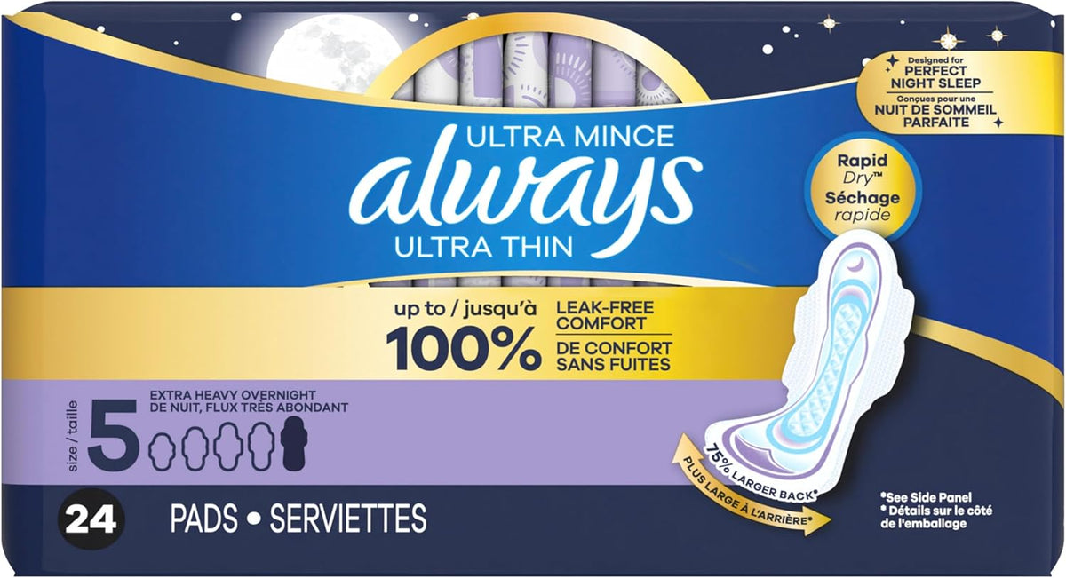 Always Ultra Thin Feminine Pads For Women, Size 5 Extra Heavy Overnight Absorbency, With Wings, Unscented, 24 Count