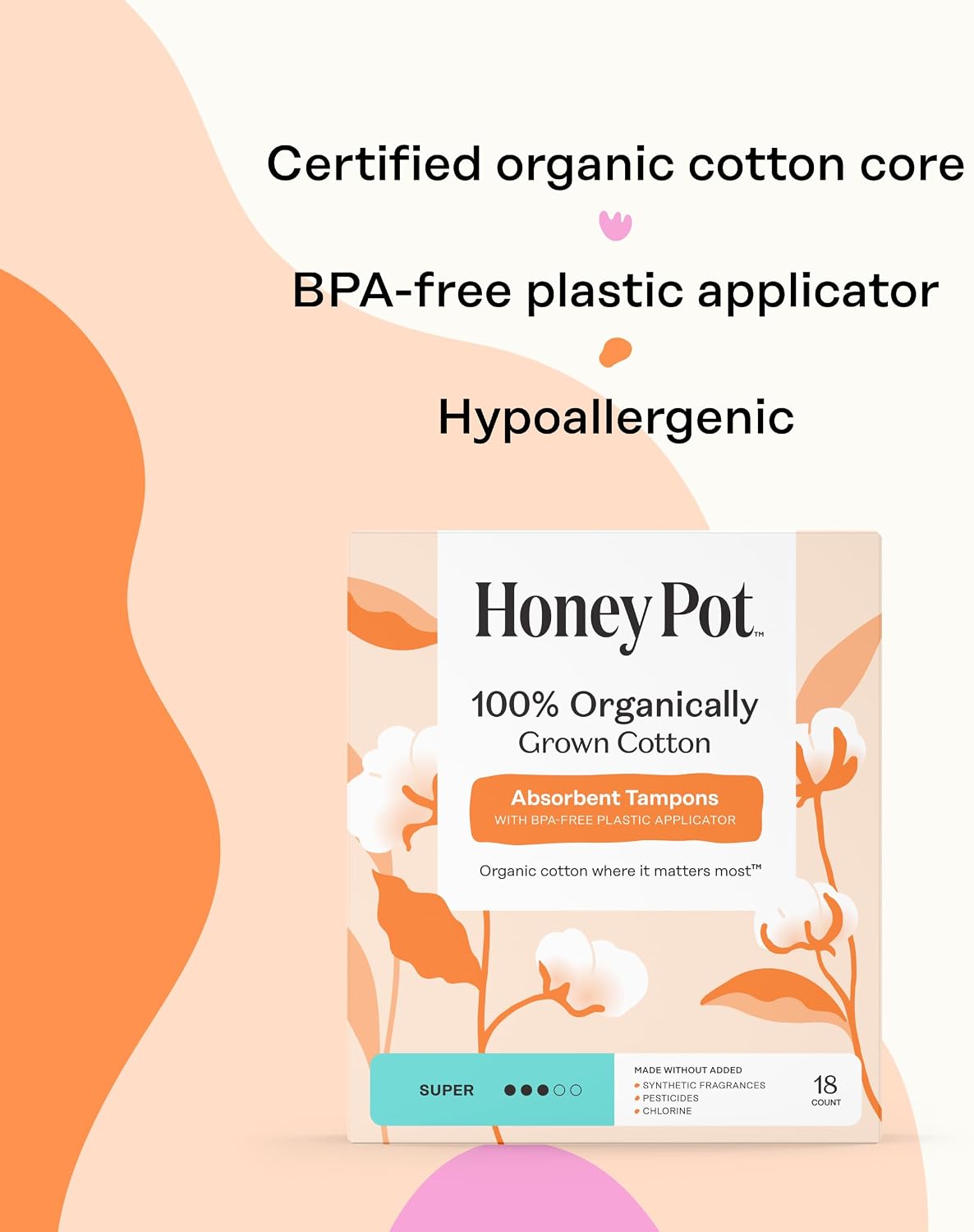 The Honey Pot Company - 100% Organic Cotton Tampons - Super Absorbency | Multipack - Tampons w/BPA Free Plastic Applicator - Unscented - Without Fragrances or Chlorine - Feminine Care - 54ct