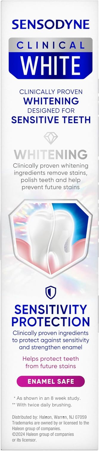 Sensodyne Clinical White Stain Protector Toothpaste, 3.4 oz | Clinically Proven Whitening for Sensitive Teeth, Stain Protector, 2 Shades Whiter Teeth