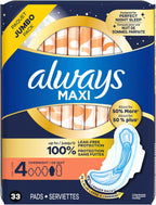 Always Maxi Overnight Pads with Wings for Women, Size 4, Overnight Absorbency, Unscented, 33 Count