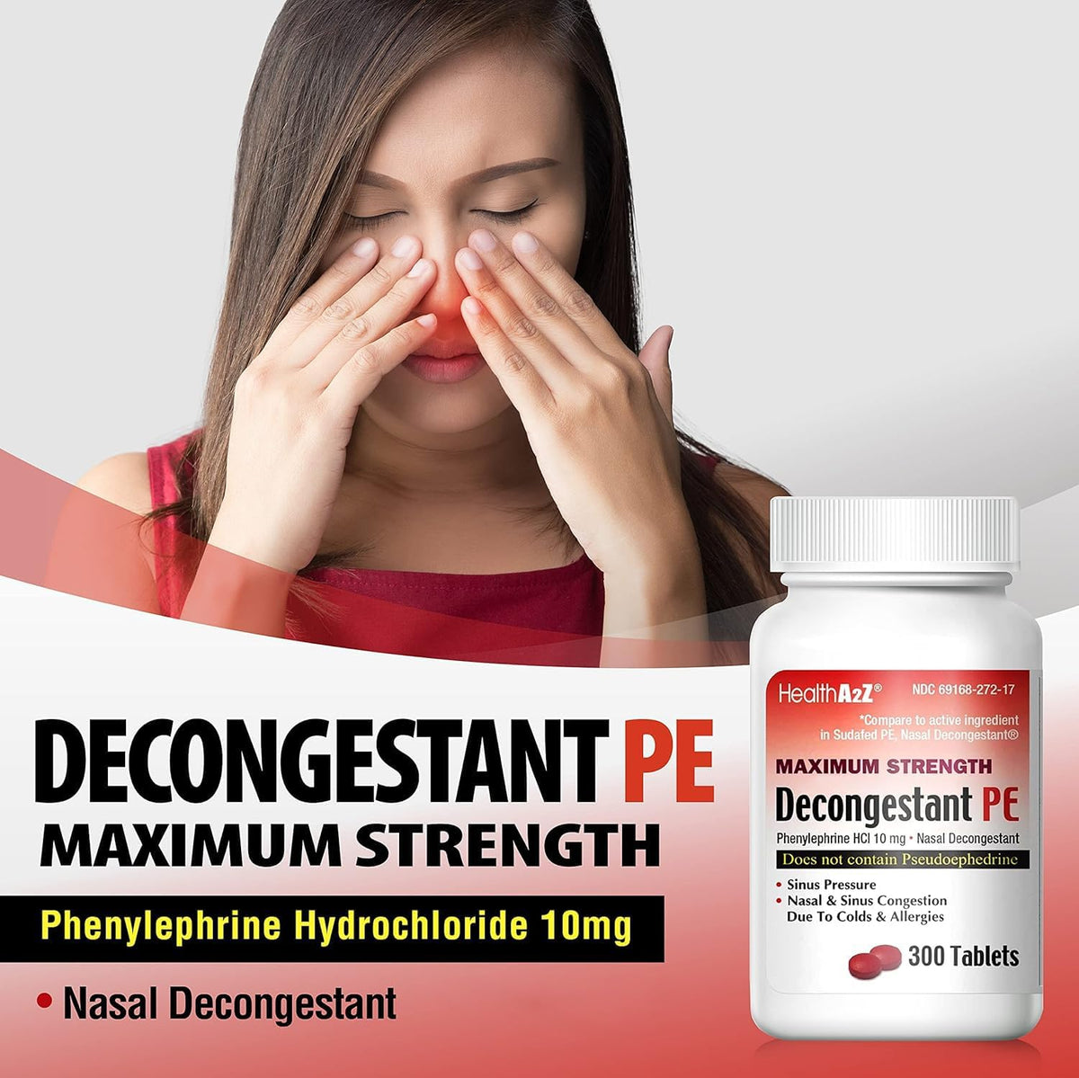 HealthA2Z® Decongestant PE, Phenylephrine HCl 10mg, Sinus Relief, 300 Count