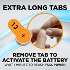 Powermax Size 13 Hearing Aid Batteries, 60 Count Long-Lasting Battery Pack, Orange Long Tab for Easy Change