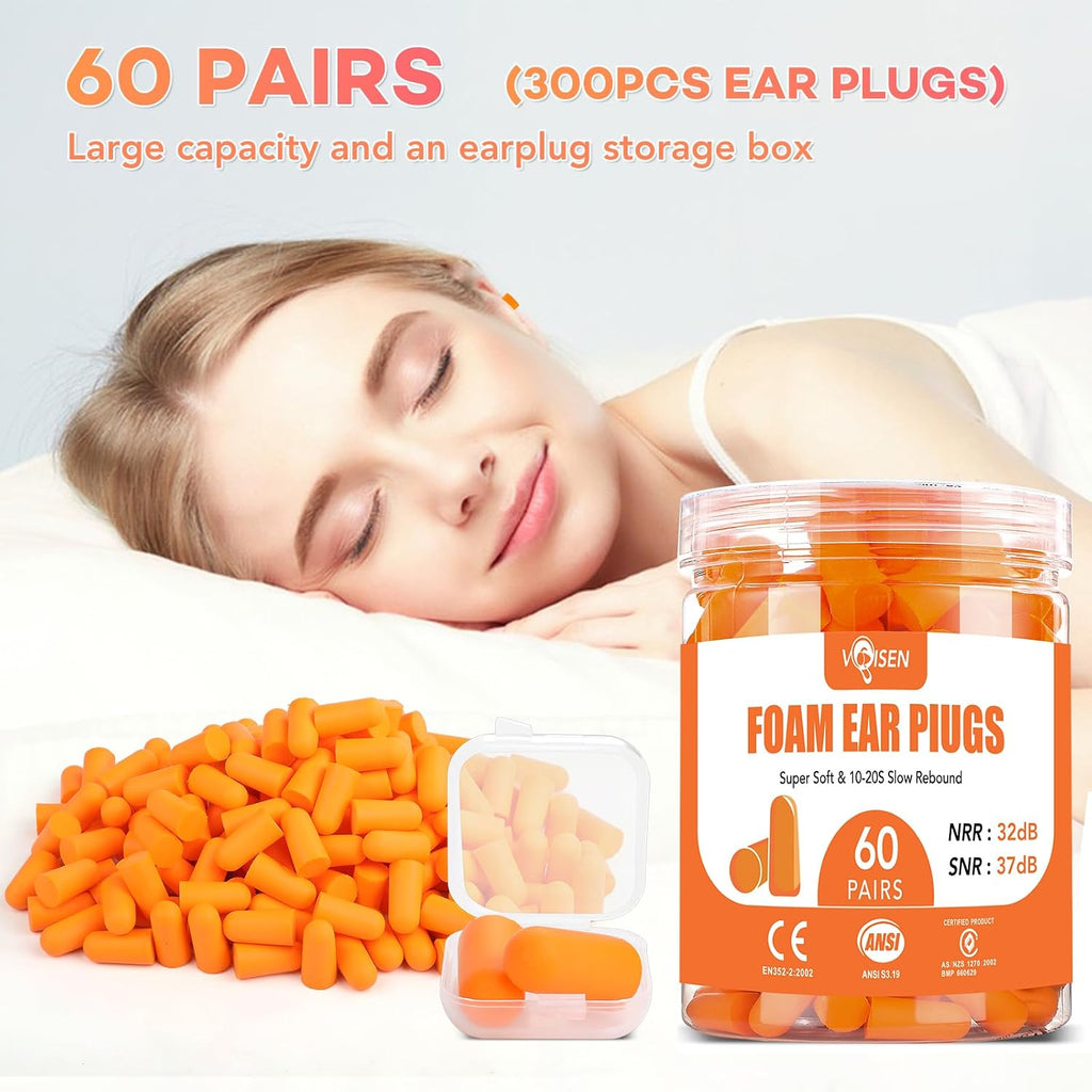 VOISEN 60 Pairs Foam Ear Plugs, Ear Plugs for Sleeping Noise Cancelling