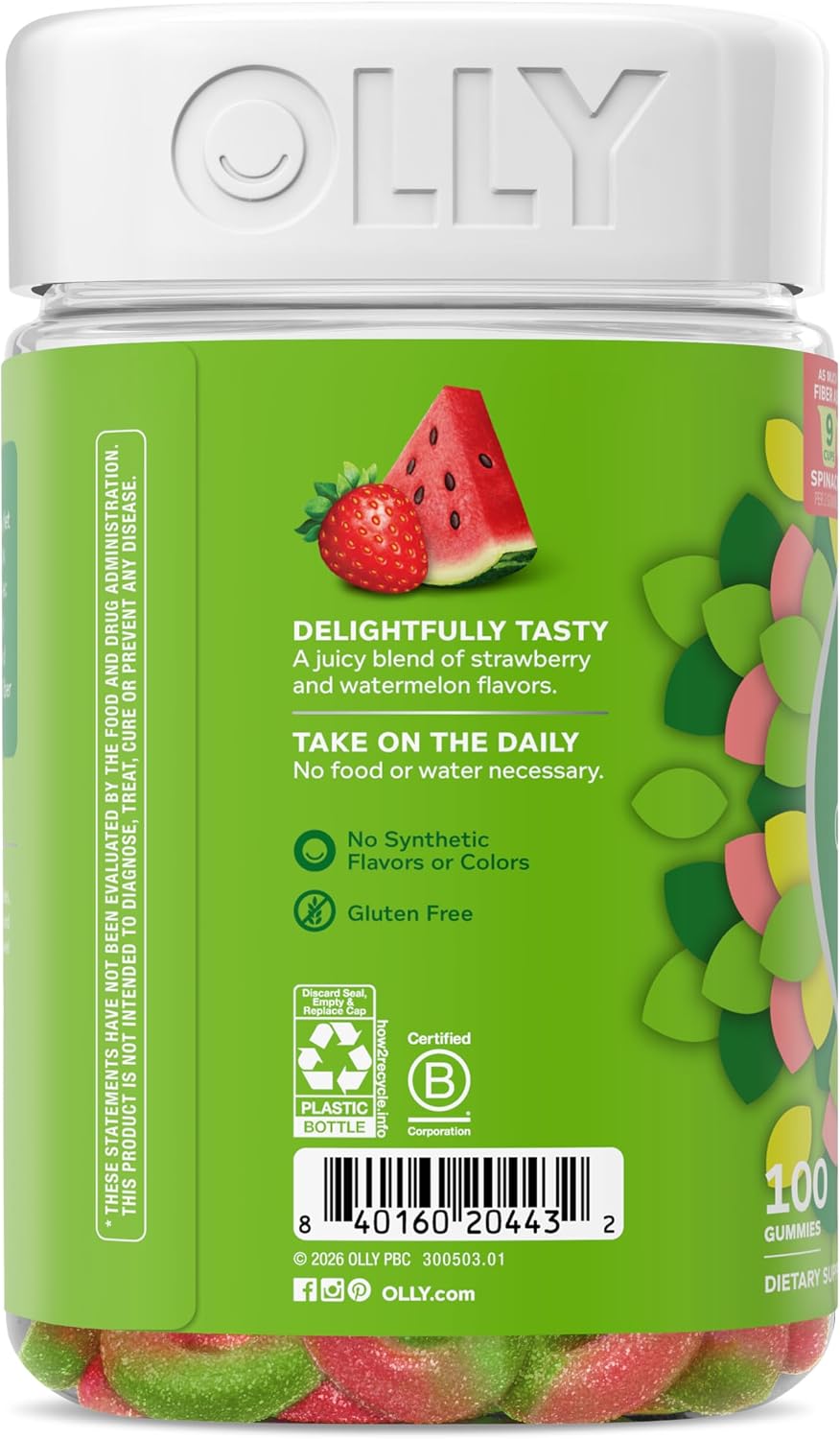 OLLY Fiber Gummy Rings Digestive Health Supplement, Berry Melon - 100 Count