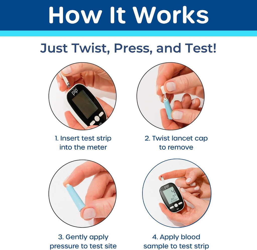 Pip Blood Glucose Monitor Kit - 50 Test Strips, Preloaded Lancets & Case
