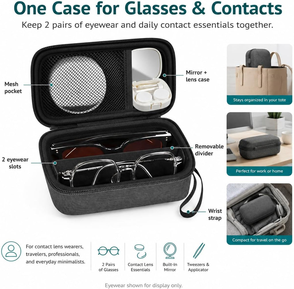 GWCASE Portable 2 in 1 Contact Lens Case and Glasses Case for 2 Pairs