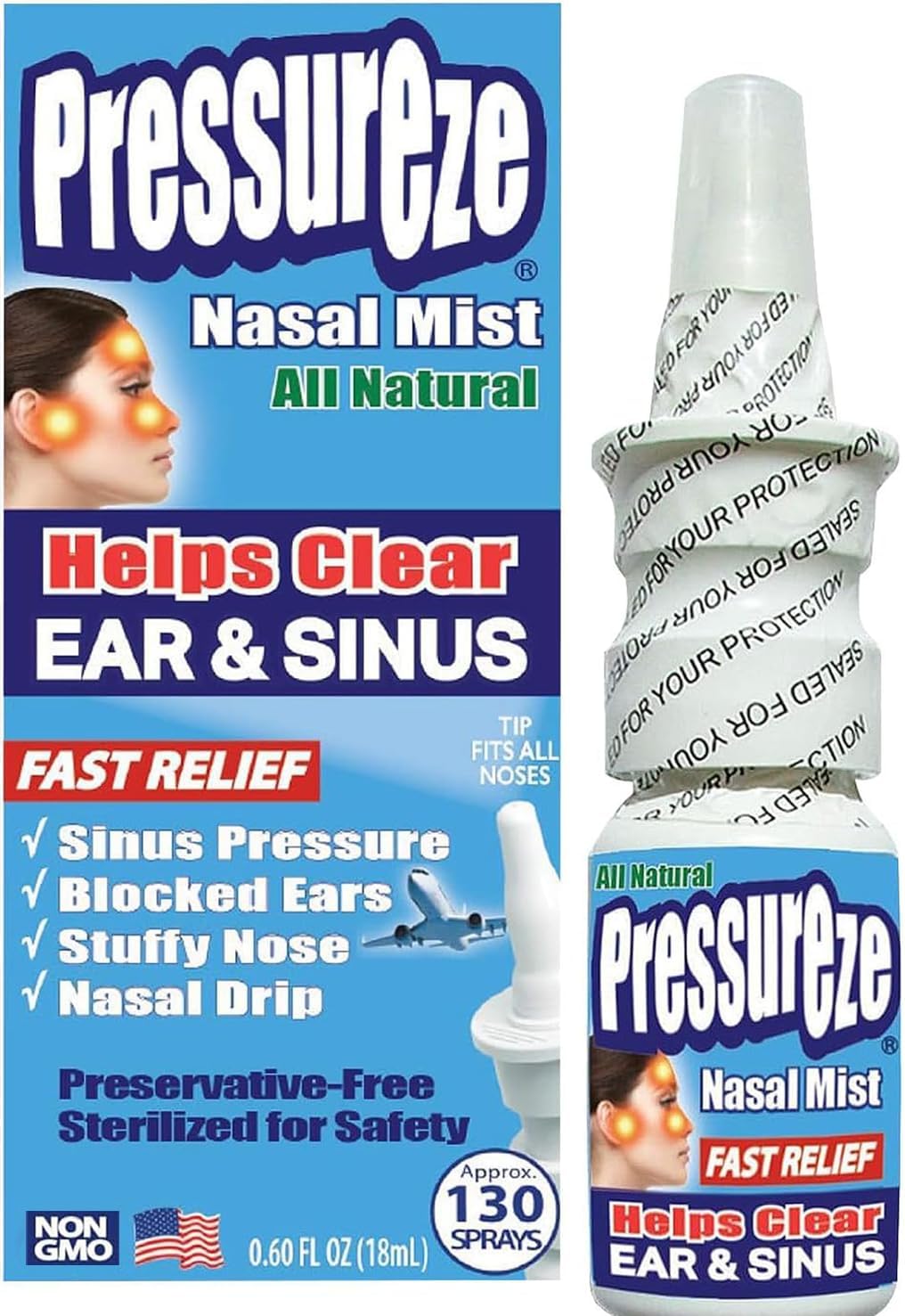Pressureze Nasal Spray - All Natural Preservative-Free Sterile - Fast Relief Nasal Spray - for Sinus Allergies Congestion Blocked Ears Loud Snoring | 130 Sprays, 18 ml