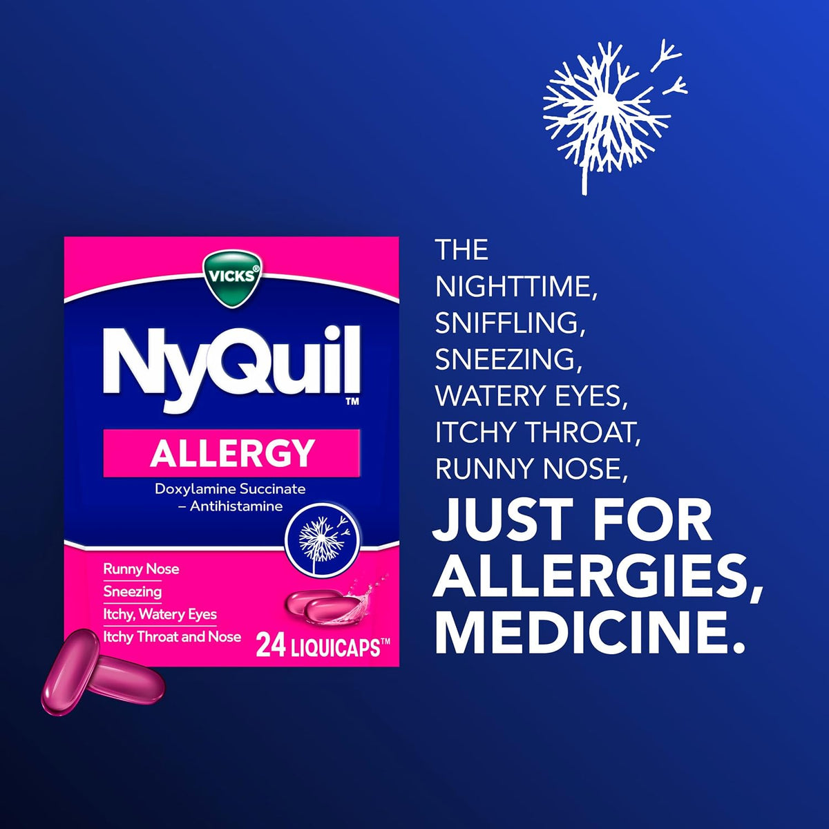 Vicks NyQuil Allergy LiquiCaps, Nighttime Allergy Medicine for Adults, Indoor & Outdoor Allergy Medicine, Doxylamine Succinate Antihistamine for Nighttime Allergy Symptom Relief, 24 LiquiCaps