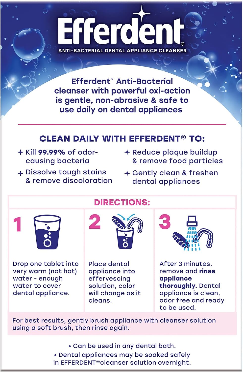 Efferdent Denture Cleaner Tablets, Complete Clean, 126 Count | Retainer Cleaner, Use Daily To Clean Dental Appliances, Full Plate Dentures, Aligners & Mouth Guards