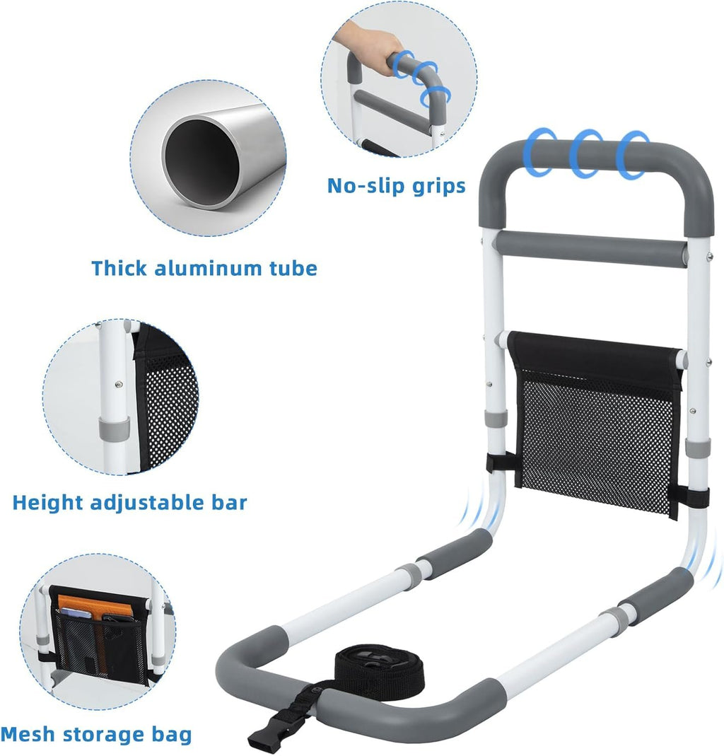 Bed Rails for Elderly Adults Safety, 350LBS Heavy Duty Grab Bar | Bed Assist Rail for Seniors, Non-Slip Bedside Handle, Fall Prevention Cane with Storage Pocket, Fits King/Queen/Full/Twin Bed