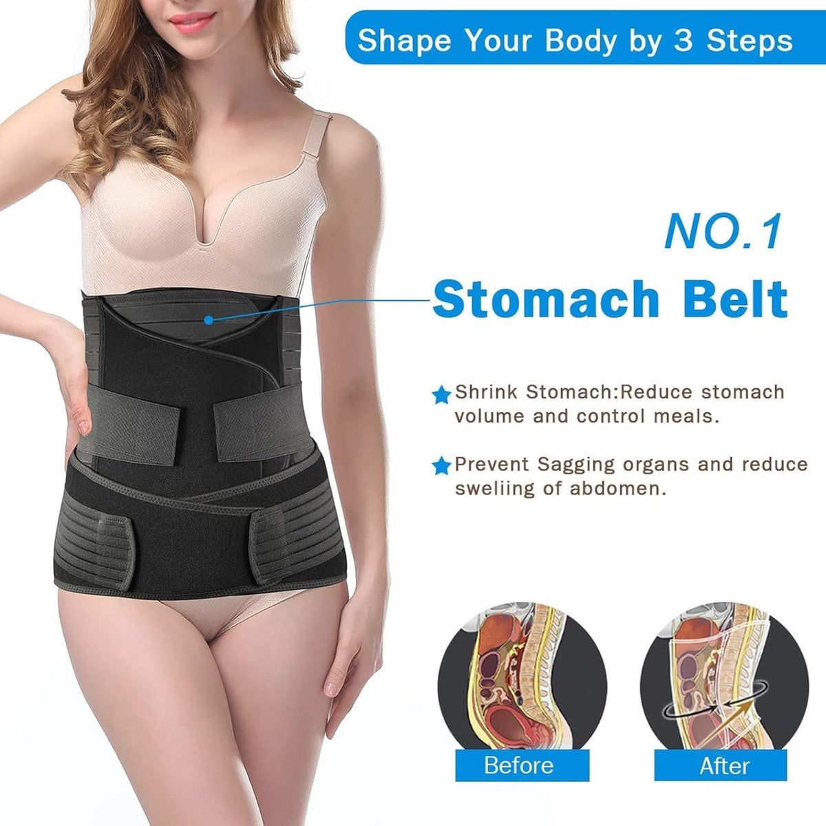 3 in 1 Postpartum Support - Recovery Belly/Waist/Pelvis Belt Shapewear (One Size (US 4-12), Black)