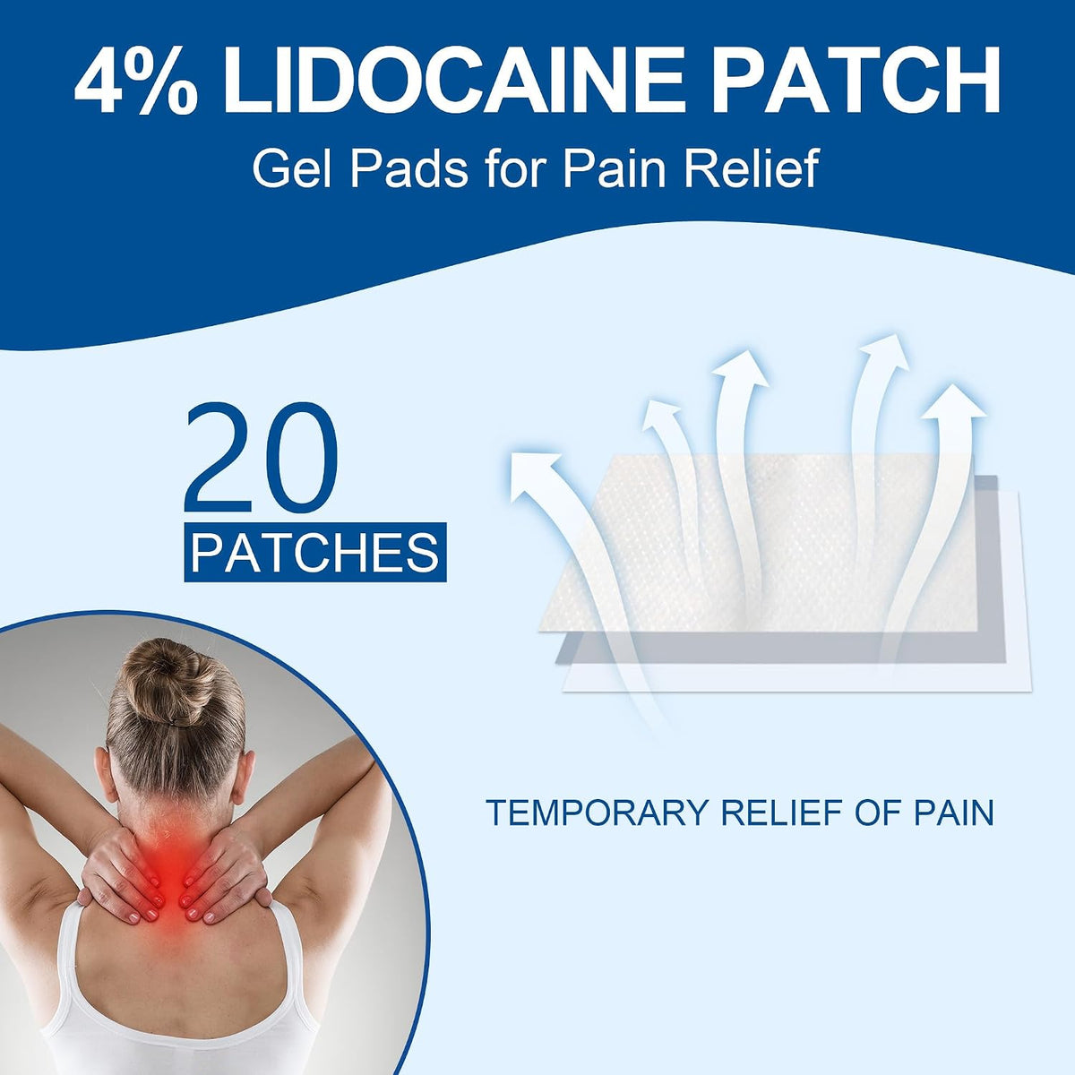 KONGDY 4% Lidocaine Patches 20 Count Maximum Strength Pain Relief Patch | 5.5"x3.94" Fast-Acting Topical Pain Relief Gel Patches for Back, Neck, Shoulder, and Joint