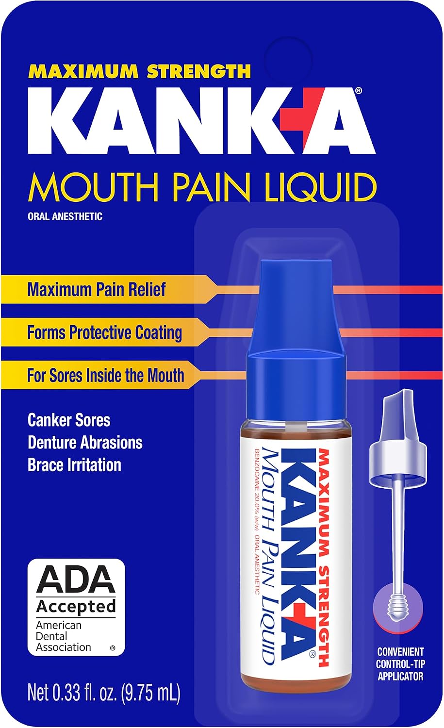 Kank-A Mouth Pain Liquid, Maximum Strength, 0.33 Fl Oz, Canker Sore Medicine, Includes Applicator, Forms Protective Coating for Mouth Sores, Maximum Pain Relief, 1 Pack
