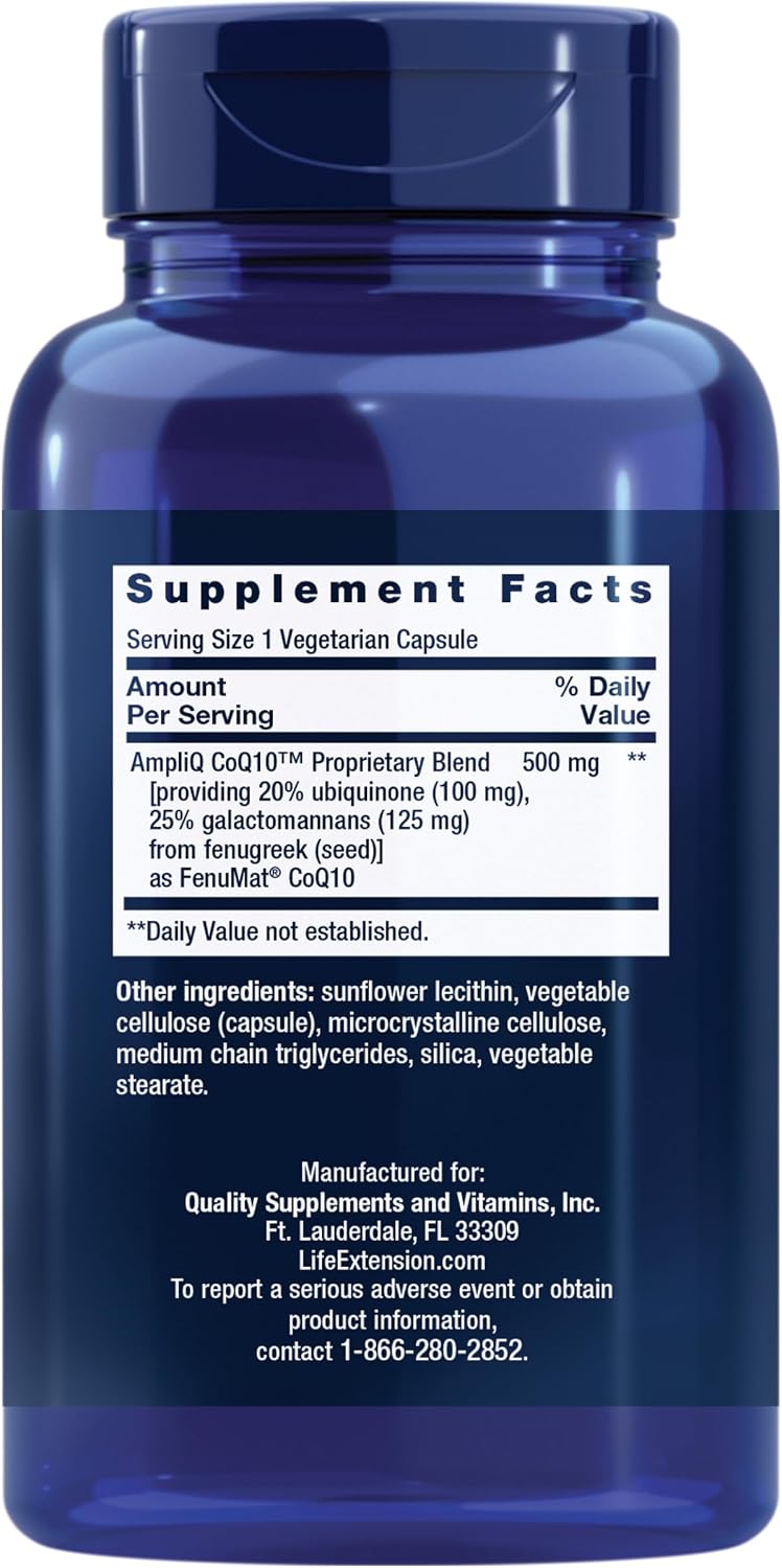 Life Extension AmpliQ CoQ10, Heart Health, Kidney and Liver Health, ubiquinone 100 mg, Advanced Formula, Gluten Free, Non-GMO, Vegetarian, 60 Capsules
