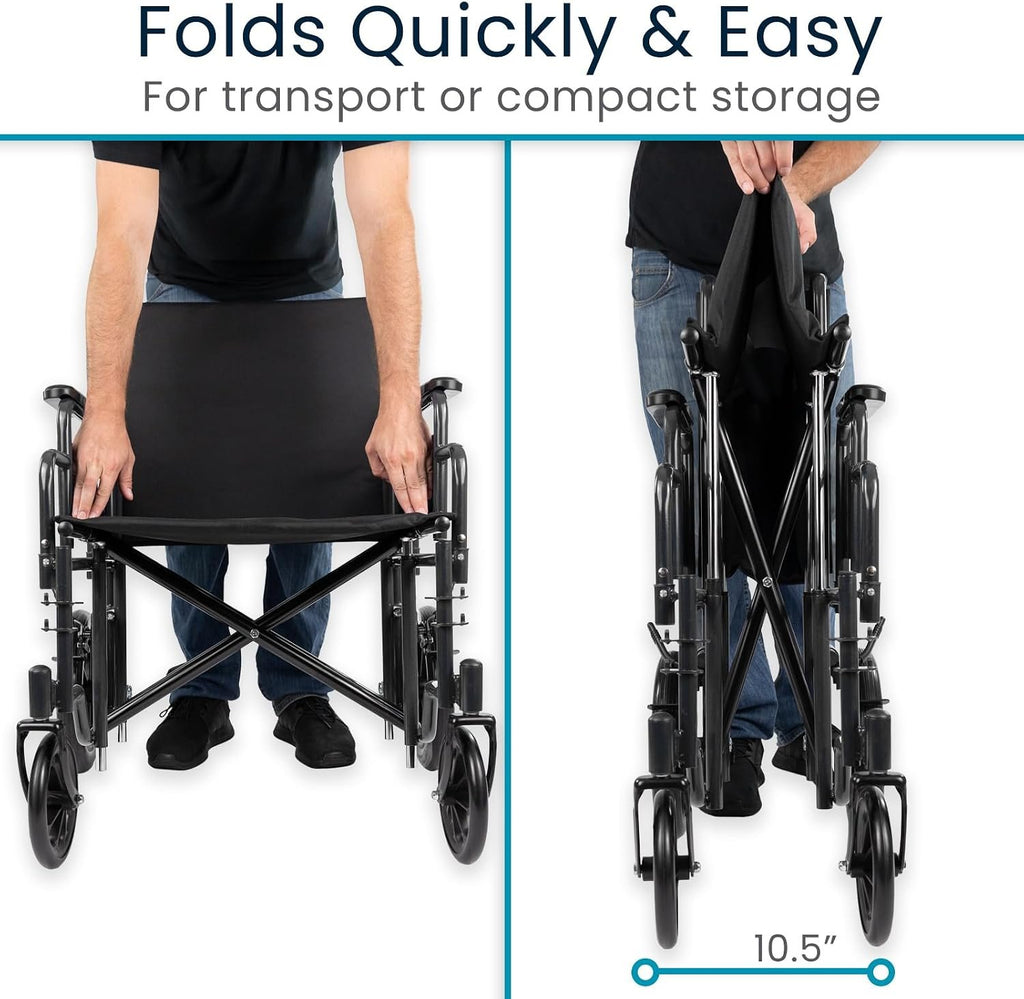 Vive Mobility Bariatric Transport Wheelchair for Adults - Supports 450lbs | Foldable, Heavy Duty Travel Wheel Chair - Portable, Transfer Aid with Swing Away Footrests & 22 Inch Wide Seat