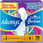 Always Radiant Teen Pads, Size 4, Overnight, with Wings, Unscented, 18 CT
