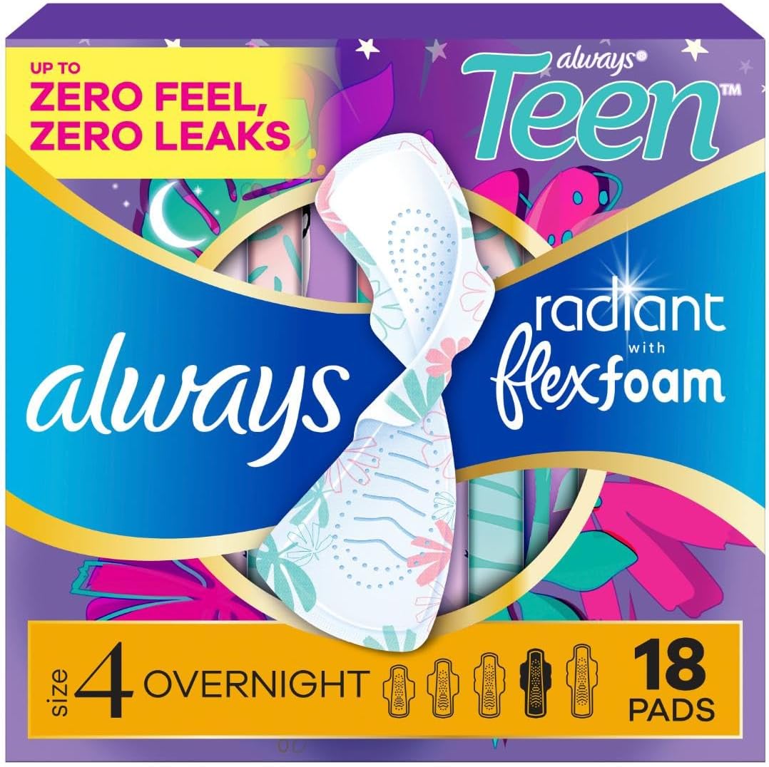 Always Radiant Teen Pads, Size 4, Overnight, with Wings, Unscented, 18 CT