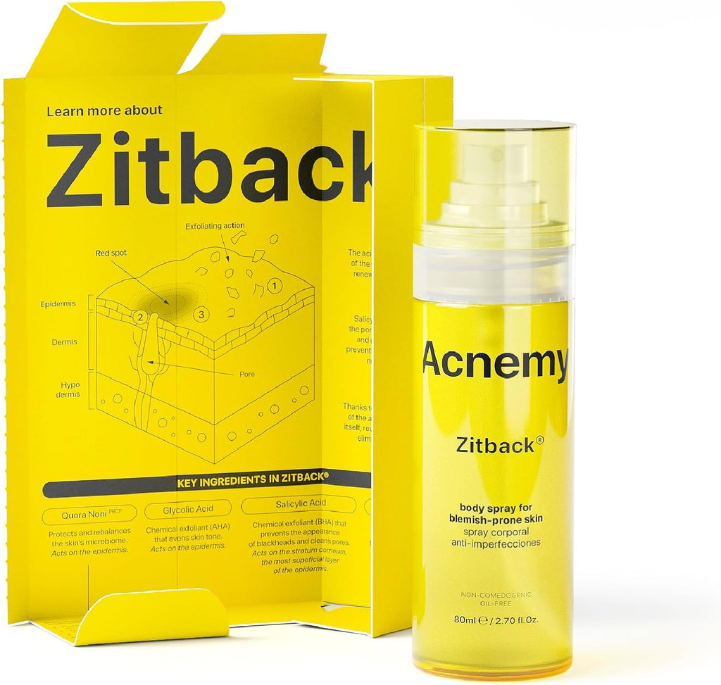 ACNEMY ZITBACK® Anti-Acne Body Spray with AHA and Lemon Water, 80 ml – Removes Blackheads on Back and Body, Quick Drying, Oil-Free, Reduces Imperfections