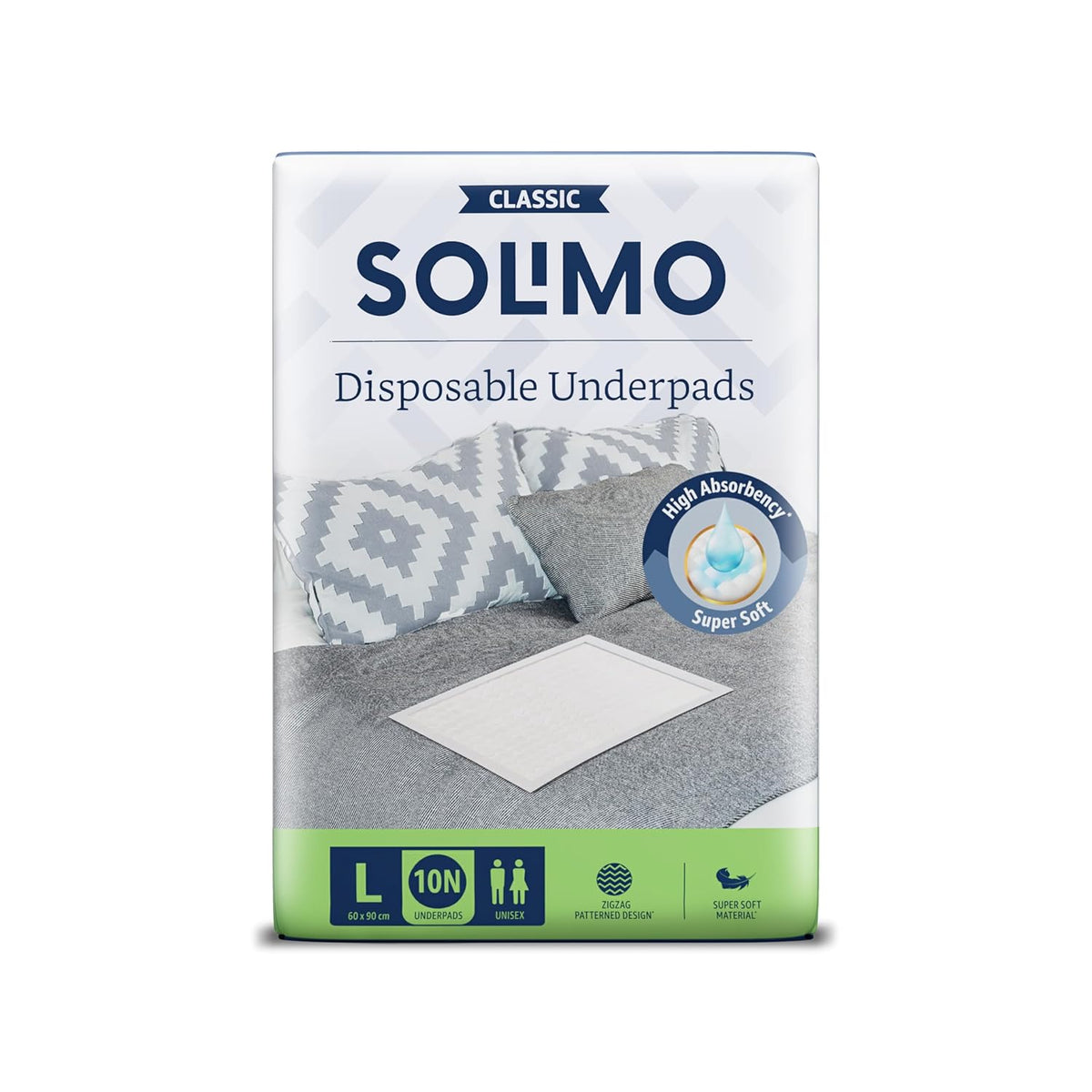 Amazon Brand - Solimo Classic Disposable Underpads | Large Size | Count 10 | 90 X 60 cm | High Absorbancy | Super Soft | Unisex | for Men & Women