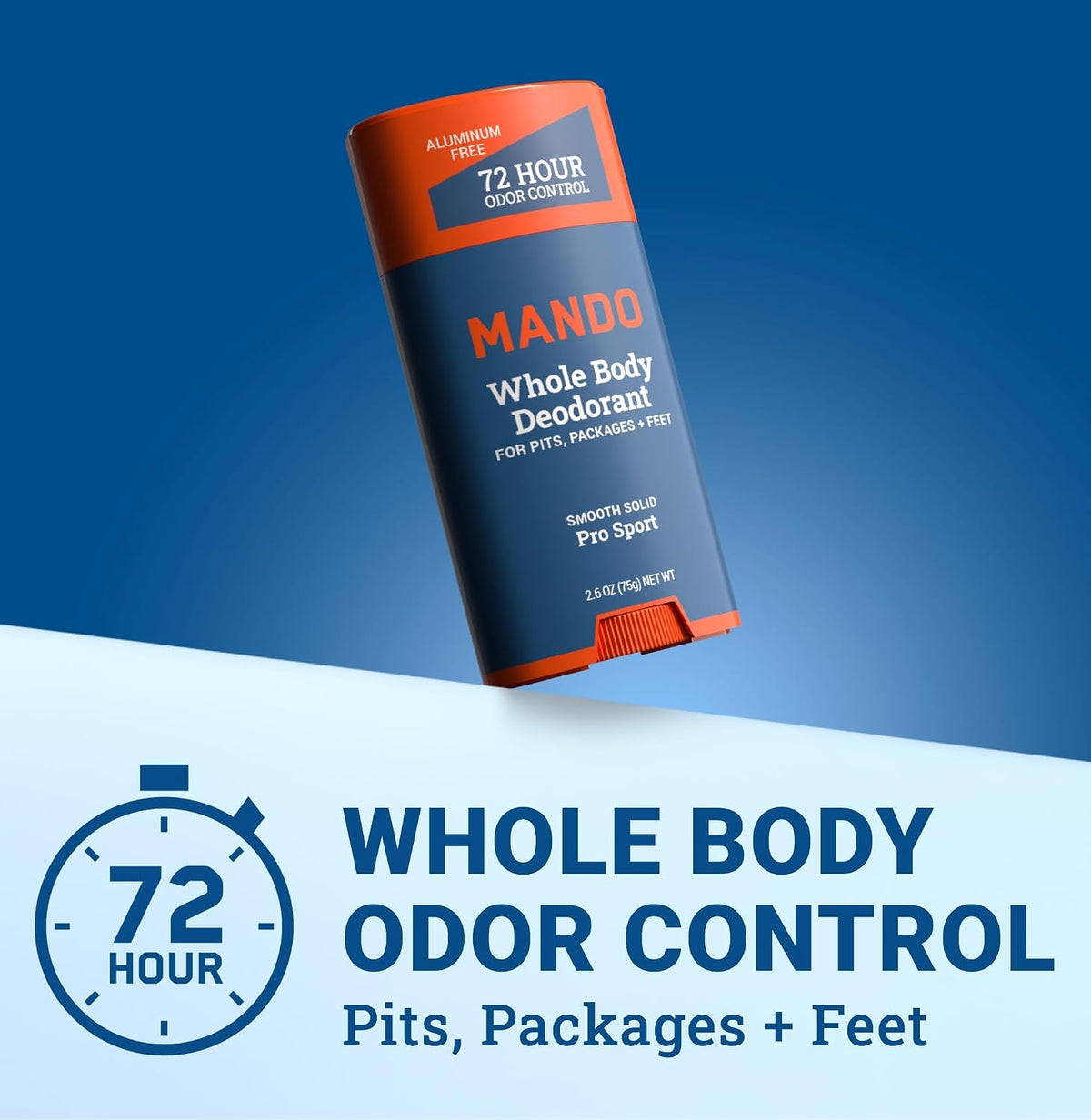 Mando Whole Body Deodorant For Men - Solid Stick - 2.6 oz, 2 pk - Pro Sport | 72 Hour Odor Control with Mandelic Acid. Use on underarms, chest, feet & below the best. Aluminum Free & Baking Soda Free