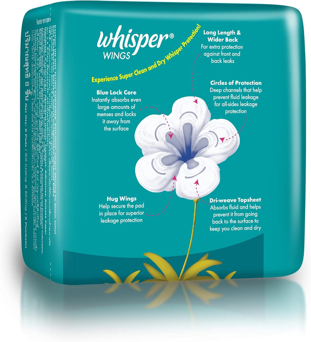 WHISPER Heavy Flow and Overnights Wings 8's, 8 count
