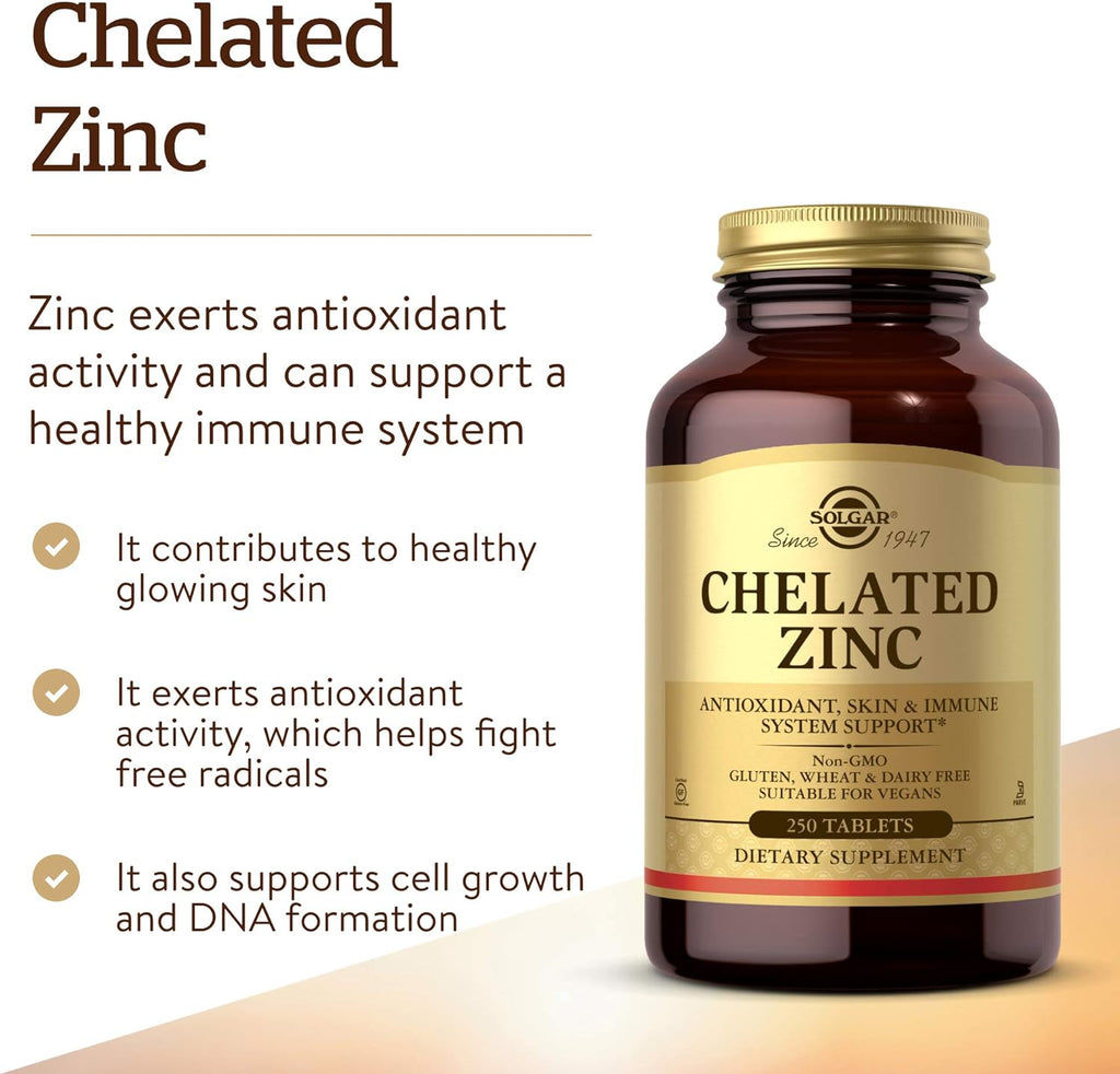Solgar Chelated Zinc, 250 Tablets - Zinc for Healthy Skin - Supports Cell Growth & DNA Formation - Exerts Antioxidant Activity - Supports A Healthy Immune System - Non GMO, Vegan - 250 Servings
