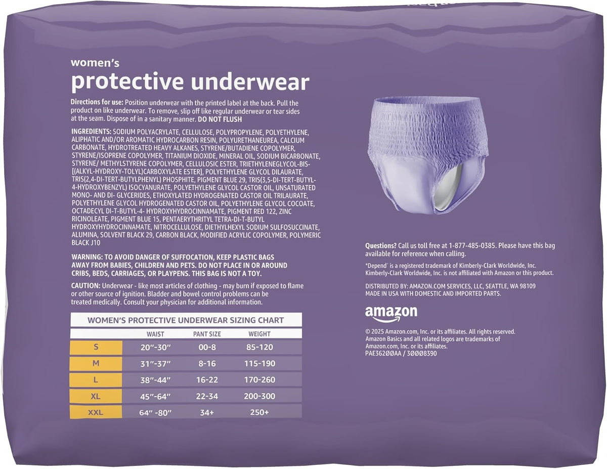 Amazon Basics Maximum Absorbency Incontinence Underwear for Women, Disposable Postpartum, Bladder Leak Protection, Odor Control, Soft, Medium, Lavender, 60 Count (3 Packs of 20)
