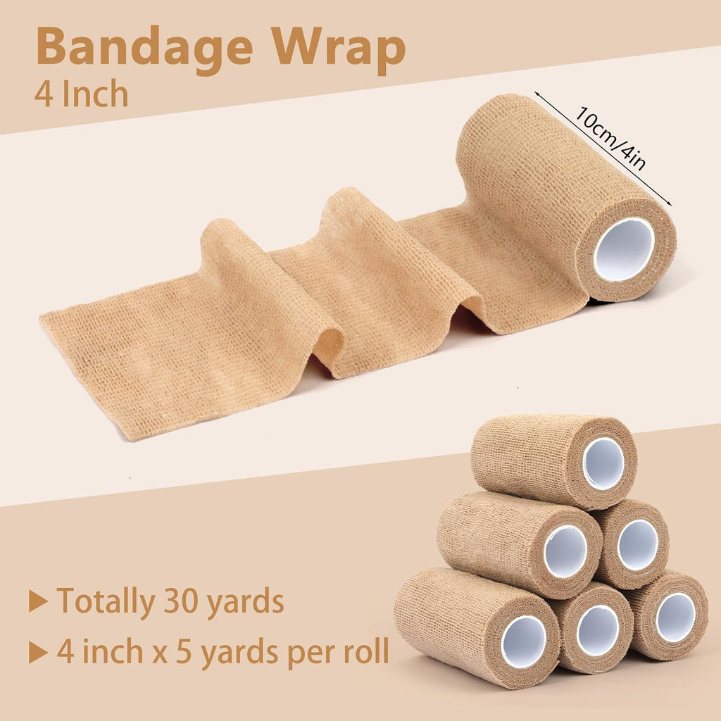 Self Adhesive Bandage Wrap 4 in, Elastic Vet Wrap, Athletic Sports Wraps | 6 Pcs 4 in × 5 yd, Stretch and Cohesive, Breathable and Soft, Tear Easily, Help Prevent Sprains, for Human Dog and Horse