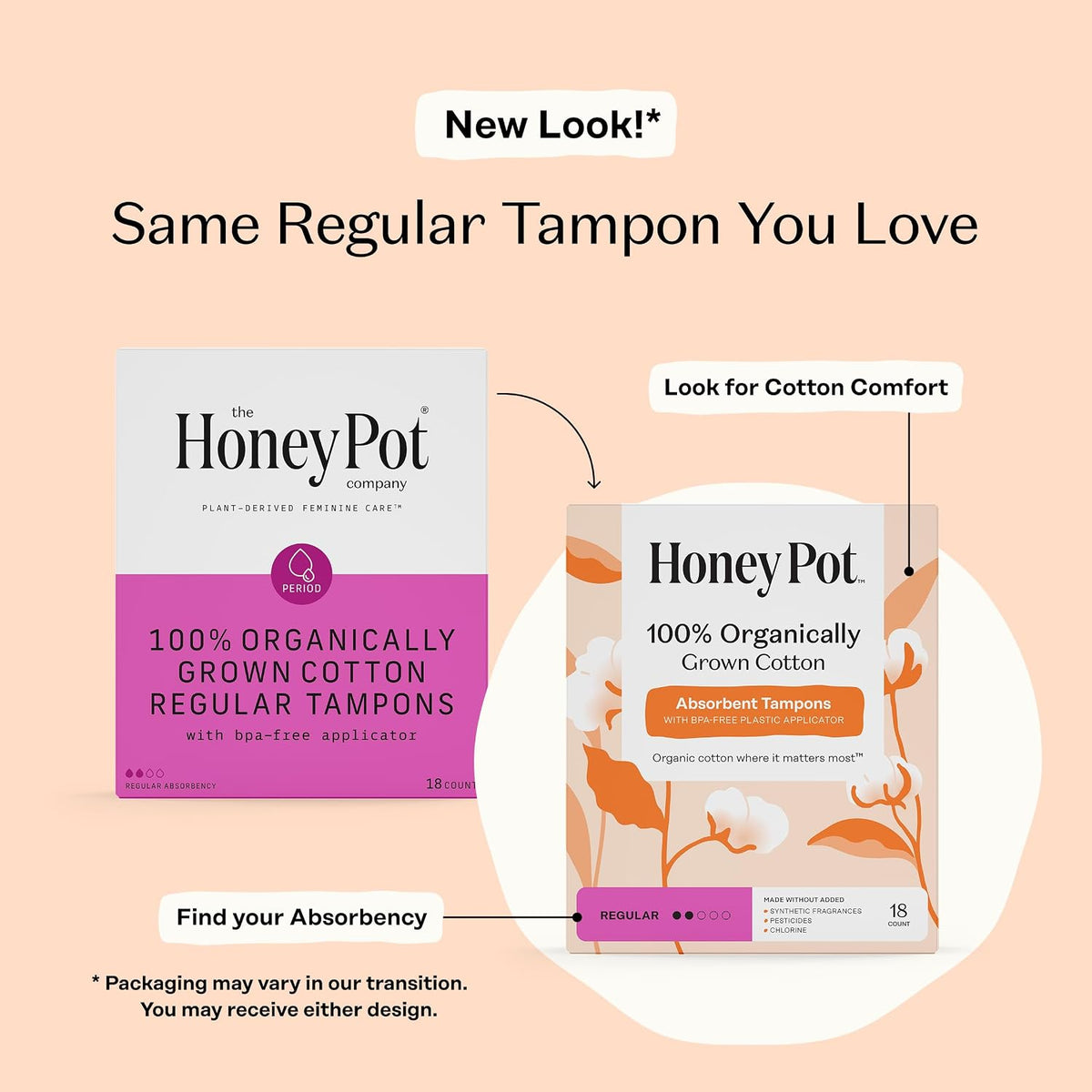 The Honey Pot Company - 100% Organic Cotton Tampons - Regular Absorbency | Multipack - Tampons w/BPA Free Plastic Applicator - Unscented - Without Fragrances or Chlorine - Feminine Care - 54ct