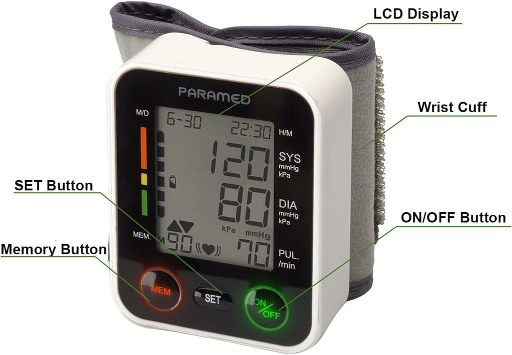PARAMED Automatic Wrist Blood Pressure Monitor: Blood-Pressure Kit of Bp Cuff + 2AAA and Carrying case - Irregular Heartbeat Detector & 90 Readings Memory Function & Large Display
