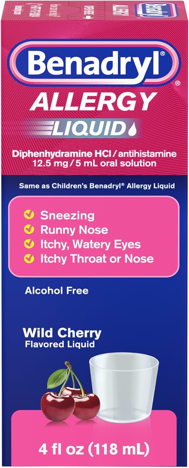Benadryl Allergy Medicine Liquid, Diphenhydramine HCl, Wild Cherry, 4 fl oz | Antihistamines for Adults, Alcohol-Free, Hay Fever Allergy Relief for Sneezing, Runny Nose, Itchy & Watery Eyes