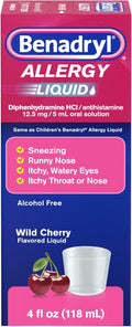 Benadryl Allergy Medicine Liquid, Diphenhydramine HCl, Wild Cherry, 4 fl oz | Antihistamines for Adults, Alcohol-Free, Hay Fever Allergy Relief for Sneezing, Runny Nose, Itchy & Watery Eyes