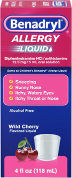 Benadryl Allergy Medicine Liquid, Diphenhydramine HCl, Wild Cherry, 4 fl oz | Antihistamines for Adults, Alcohol-Free, Hay Fever Allergy Relief for Sneezing, Runny Nose, Itchy & Watery Eyes