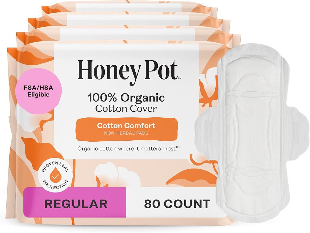 The Honey Pot Company - Cotton Comfort - Regular Pads for Women | Non-Herbal - Organic Cotton Cover - Menstrual Pads w/Wings - No Fragrance & Ultra-Absorbent Pulp Core - Feminine Care - 80ct