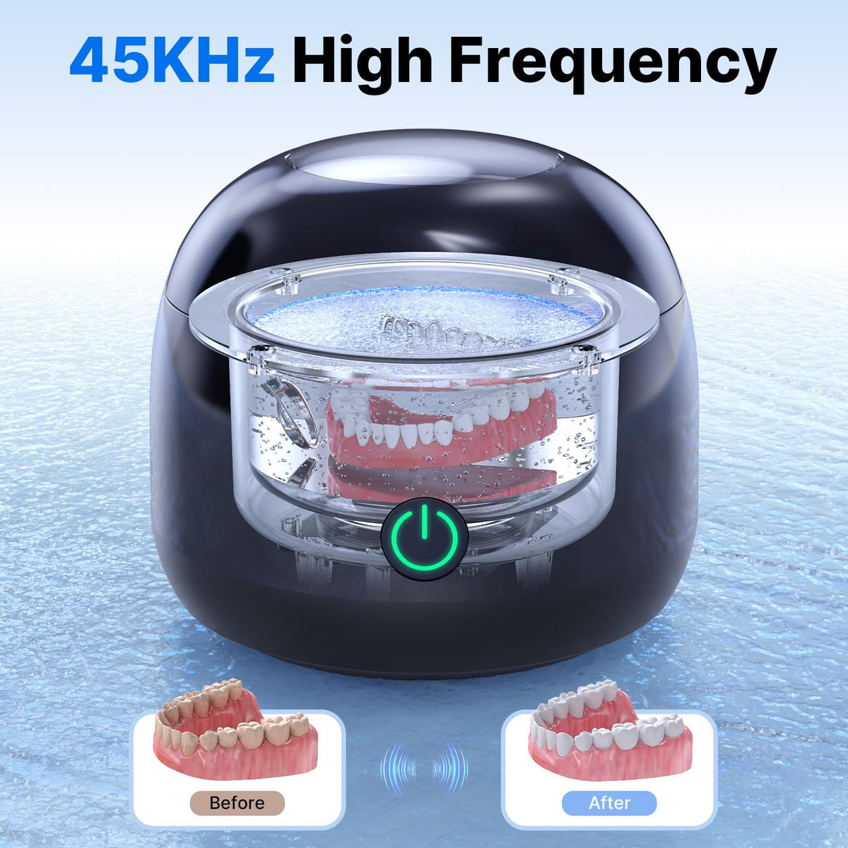 CXRUY Ultrasonic Retainer Cleaner - 45 kHz Dental Cleaning Pod Night Guard Cleaner Machine for Dentures, Toothbrush Heads, Jewelry (Gloss Black)