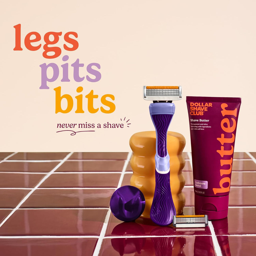 Dollar Shave Club For Women | 1 Purple Wavy Grip Handle, 4 Razor Refills, 1 Cashmere Santal Shave Butter, 1 Shower Hanger | Razors for Women, Womens Razors