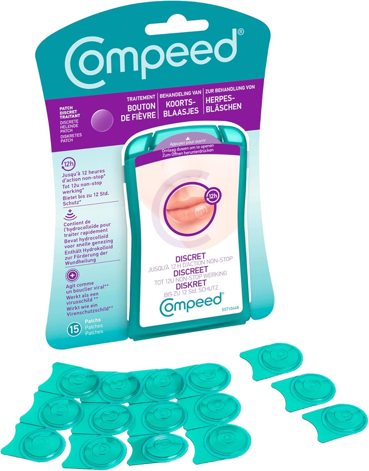 Compeed - Fever Herpes Patch, Discreet for Fast Treatment, Day and Night Care that Accelerate Healing - 15 Cold Sore Patches - Format (1.5 x 1.5 cm)