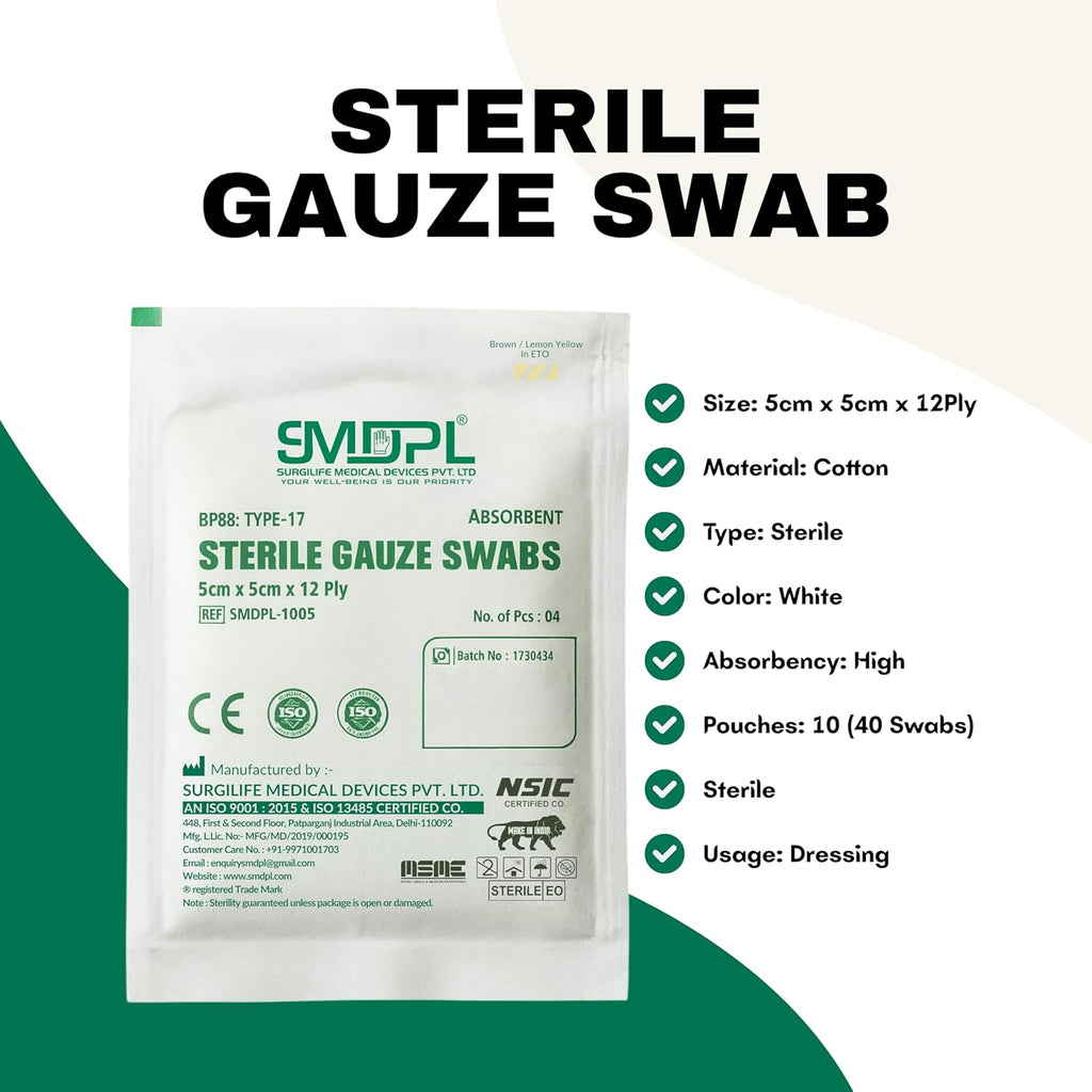 Sterile Gauze Swabs 5cm x 5cm, 12-Ply – High Absorbent Cotton Gauze Pads for Wound Dressing & First Aid, Pack of 40 Pieces